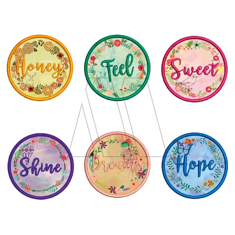 APLIQUE BORDADO TERMOAD CIRCULO C/PALABRA X 6UN