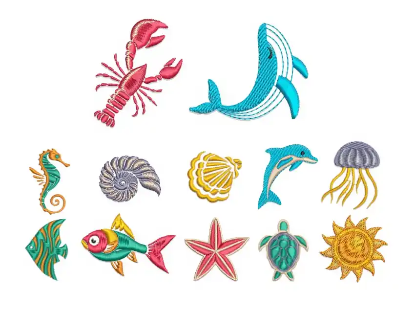 APLIQUE BORDADO TERMOAD ANIMALES DEL MAR 4,6CM X 3,5CM X 12UN SURTIDAS