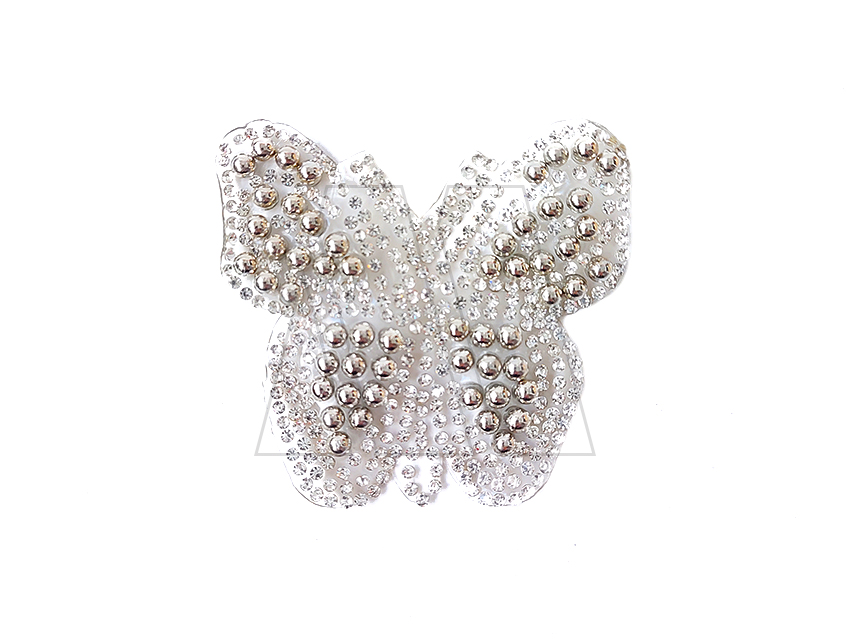 APLIQUE DE STRASS Y PERLAS METALICAS TERMOAD MARIPOSA PLATEADA X 2UN