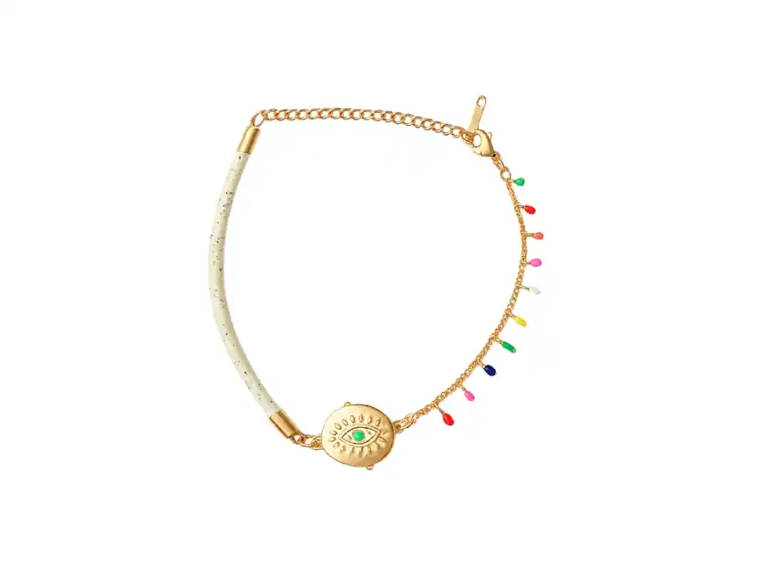 PULSERA ACERO QUIRURGICO DORADA OJO TURCO CON DIJES DE COLORES 26CM