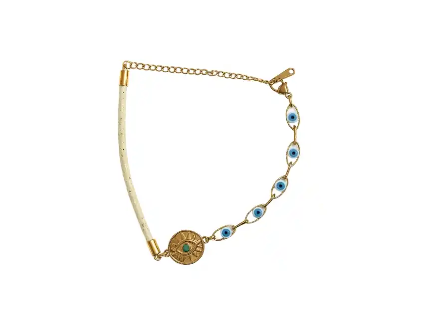 PULSERA ACERO QUIRURGICO DORADA OJO TURCO CON DIJES 25CM