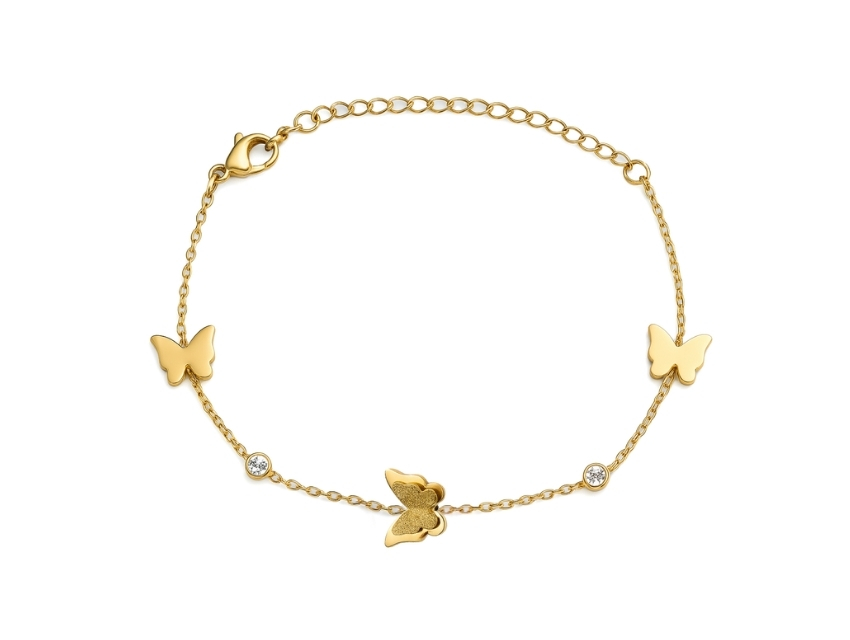 PULSERA ACERO QUIRURGICO DORADO CORAZON Y MARIPOSA REGULABLE 23CM
