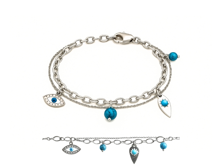 PULSERA ACERO QUIRURGICO OJO TURCO CON BOLITAS CADENA DOBLE REGULABLE 24CM