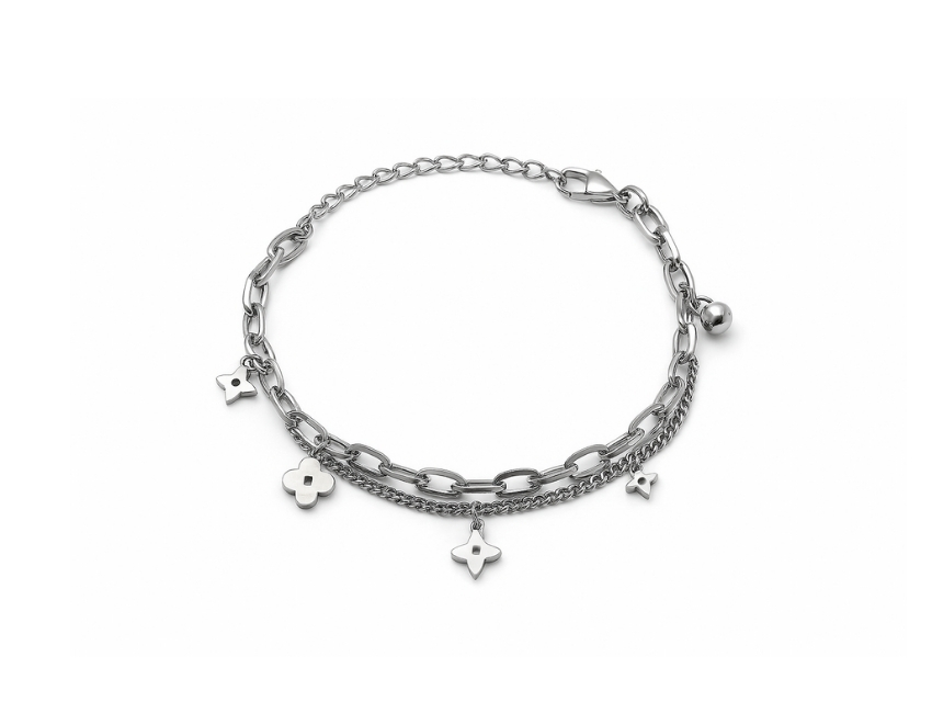 PULSERA ACERO QUIRURGICO DOBLE CON DIJES FLOR REGULABLE 22CM