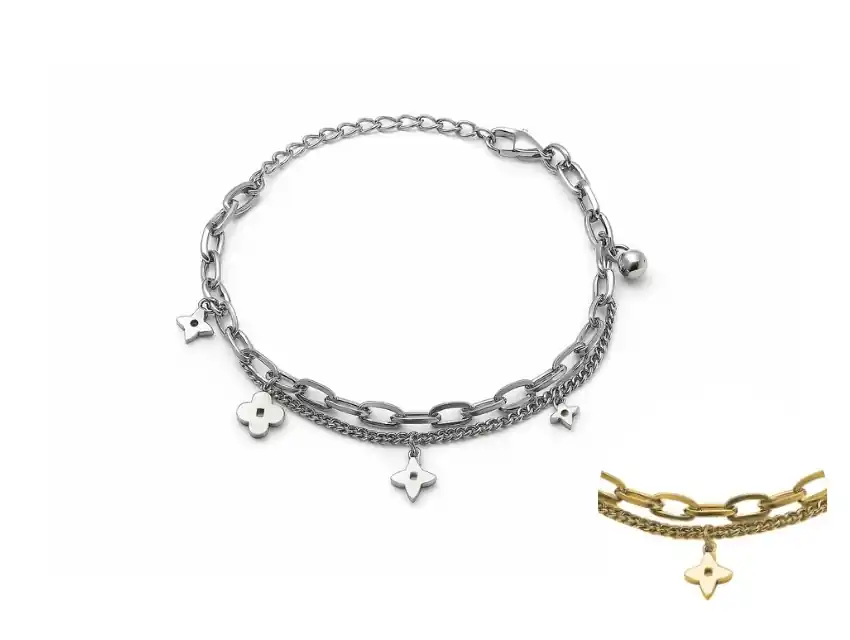 PULSERA ACERO QUIRURGICO DOBLE CON DIJES FLOR REGULABLE 22CM
