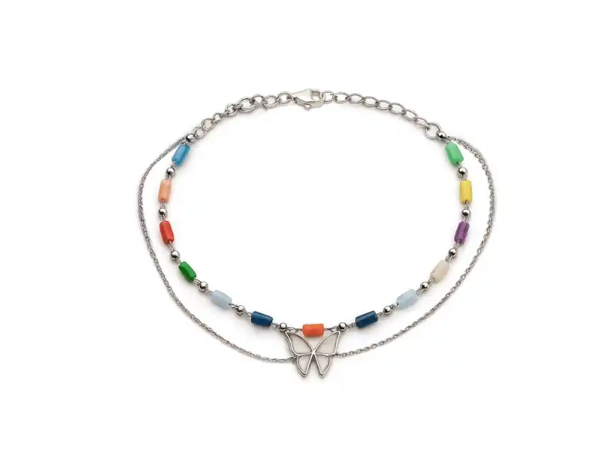 PULSERA ACERO QUIRURGICO CON DIJE MARIPOSA Y PIEDRAS REGULABLE 21CM 