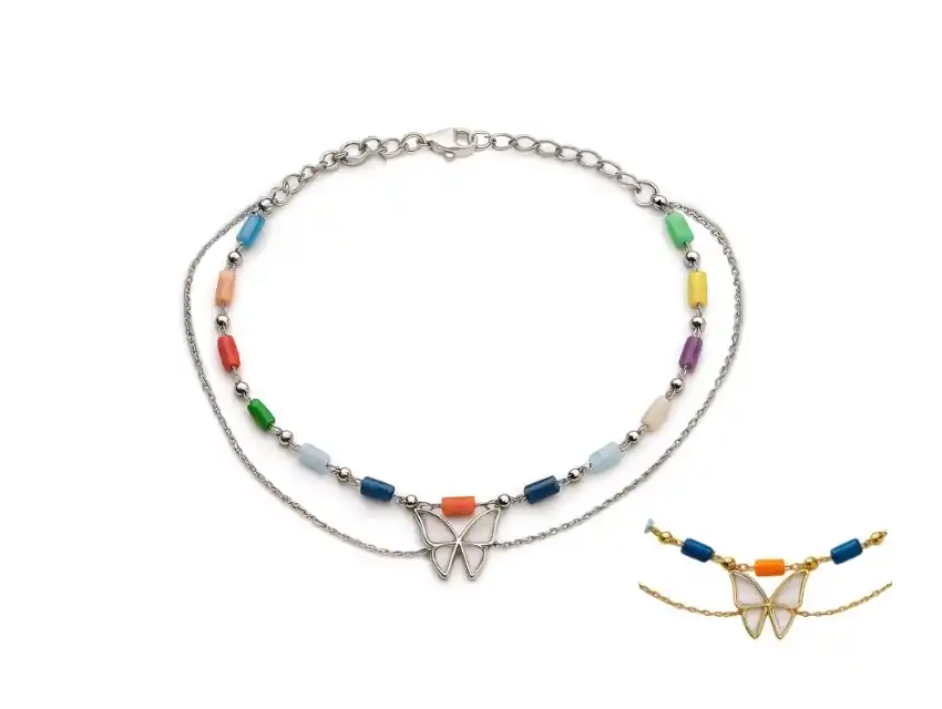 PULSERA ACERO QUIRURGICO CON DIJE MARIPOSA Y PIEDRAS REGULABLE 21CM