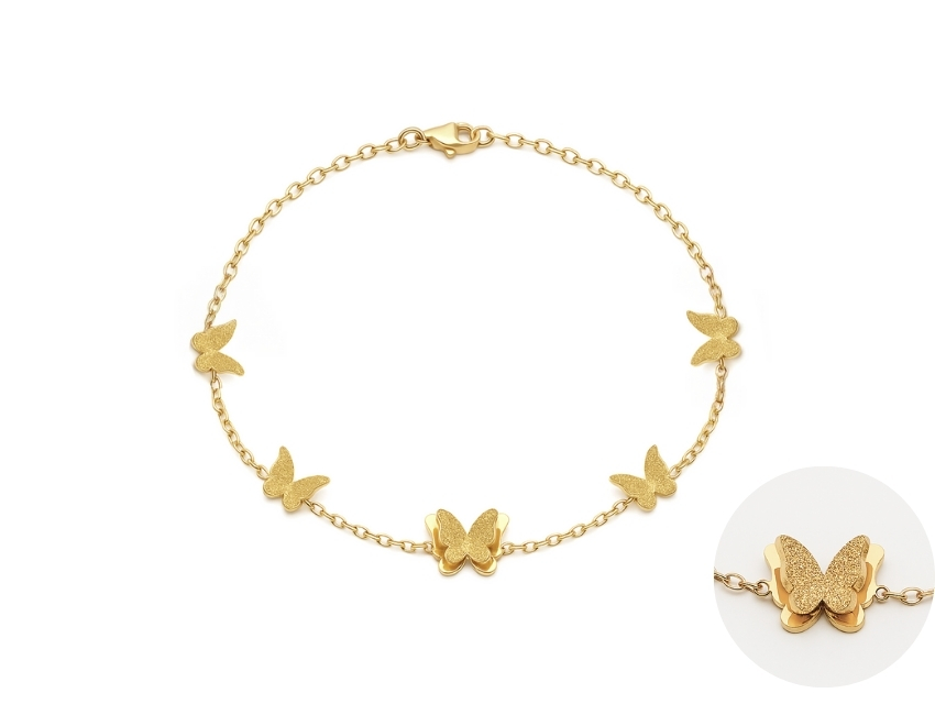 PULSERA ACERO QUIRURGICO DORADO MARIPOSAS REGULABLE 24CM
