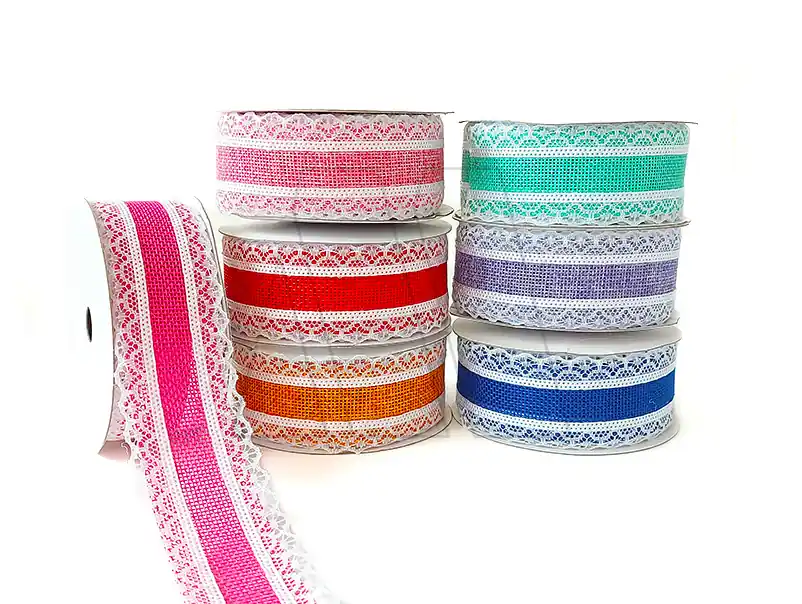 CINTA YUTE DE COLORES C/PUNTILLA 4CM X 10MTS