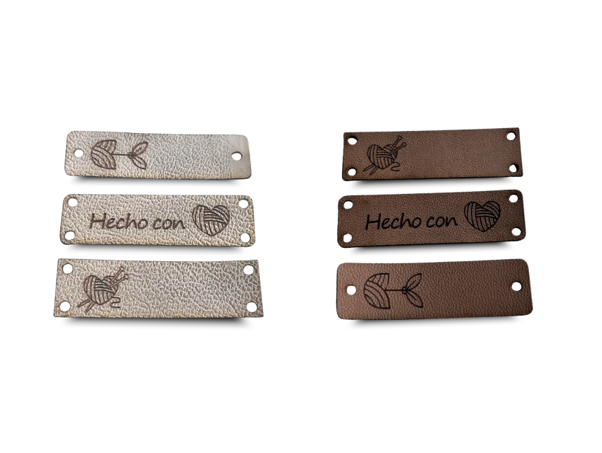 ETIQUETAS DE ECO CUERO SURTIDAS GRABADAS A LASER 1,5CM X 5CM X 10UN 