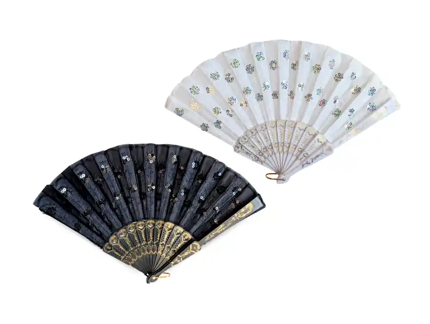 ABANICO DE TELA SINTÉTICA CON LENTEJUELAS 22,5CM X 38CM