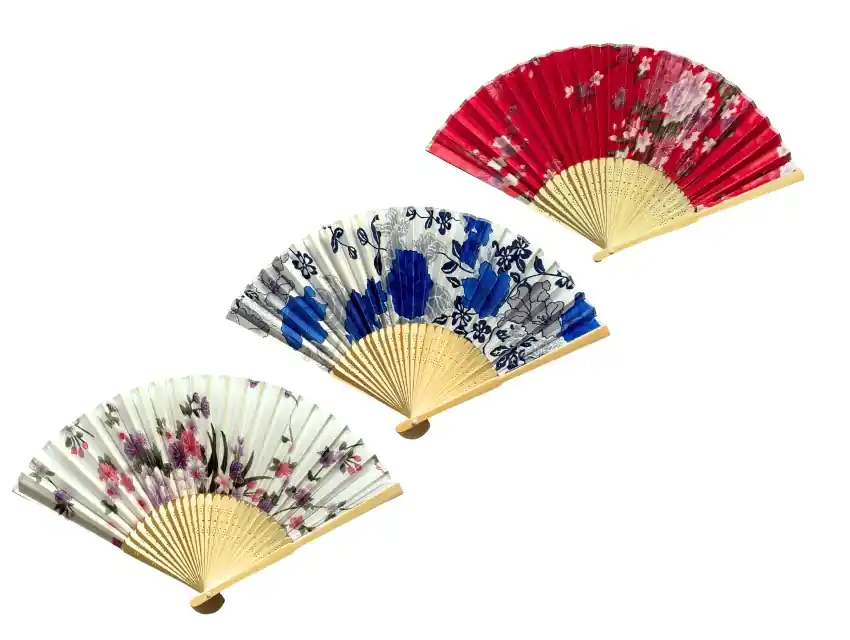 ABANICO DE PAPEL CON TIRAS DE BAMBU FLORES SURTIDOS 21CM X 32CM