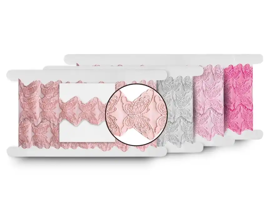 GALON ORGANZA BORDADO MARIPOSA GRANDE 6CM X 13MTS APROX