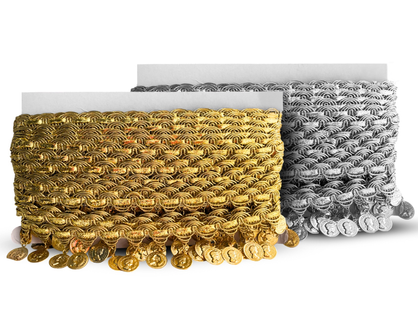 GALON MONEDAS METALICAS EGICPCIAS CHICAS X 10YDS