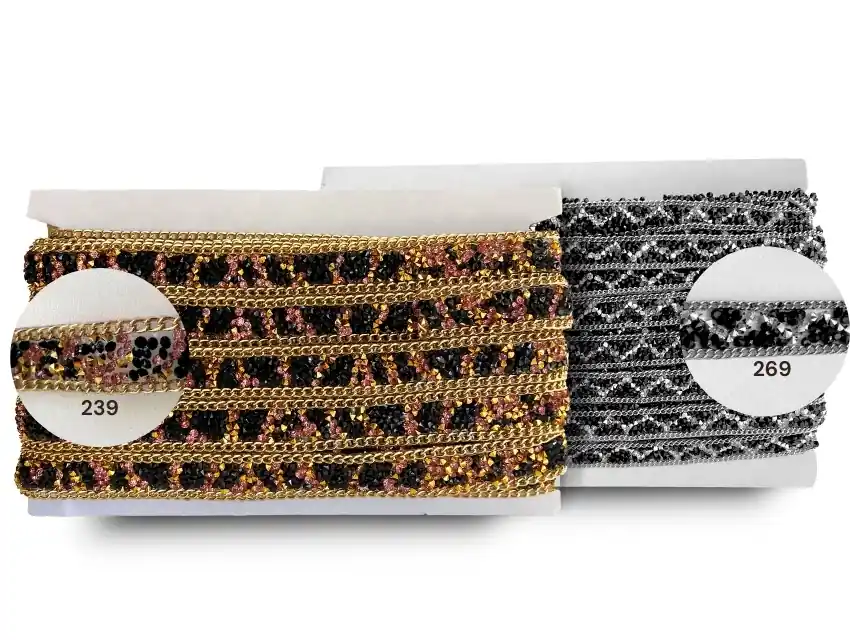 GALON TERMOADHESIVO STRASS BICOLOR CON CADENA HOT TRANSFER X 10YDS 