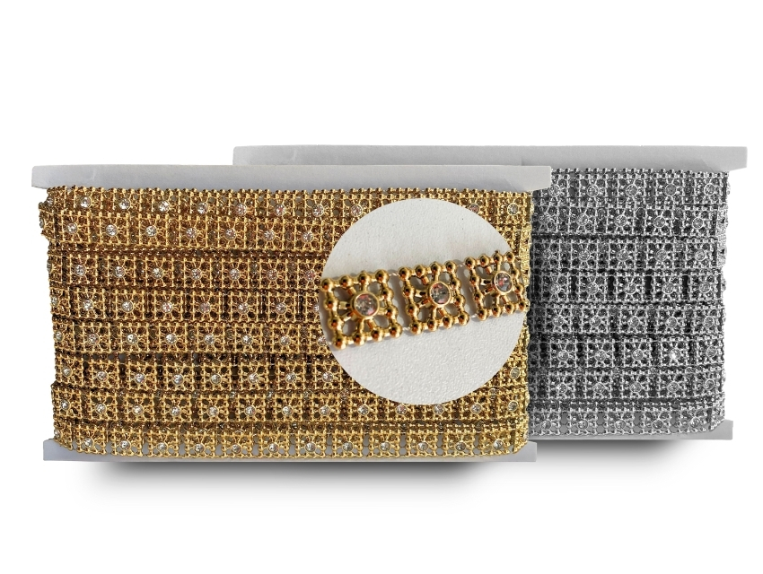 GALON FANTASIA CUADRADOS C/ STRASS 1,3CM X 10YDS 