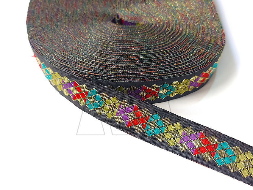 GALON TEJIDO C/LUREX DORADO CUADRICULA COLORES 15MM X 25YDS APROX