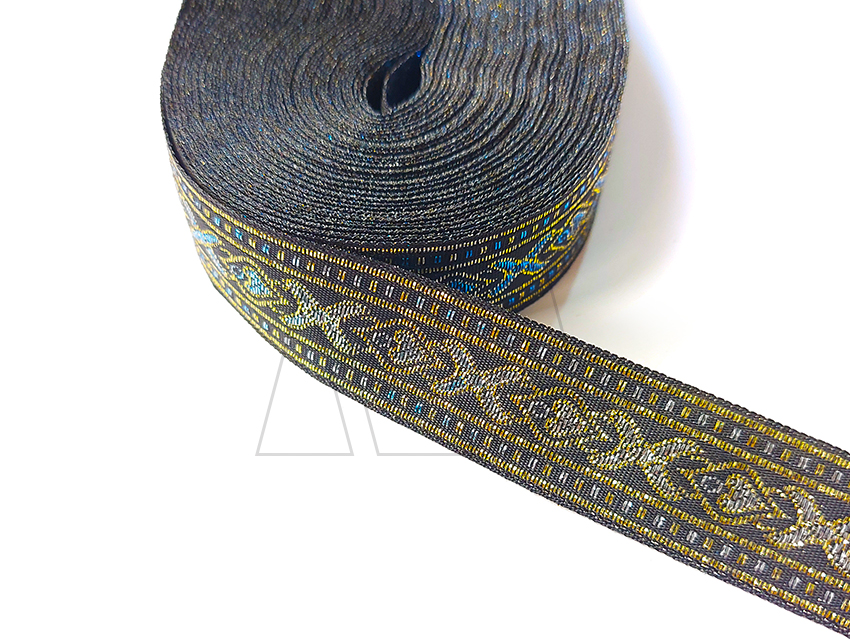 GALON TEJIDO C/LUREX DORADO CORAZONES AZULES 20MM X 25YDS APROX