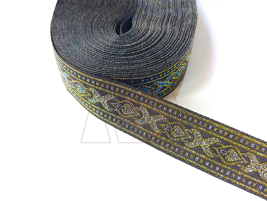 GALON TEJIDO C/LUREX DORADO CORAZONES AZULES 20MM X 25YDS APROX