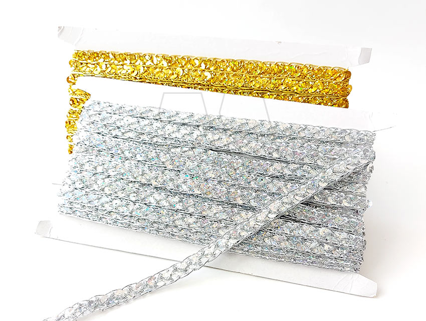 GALON LUREX TRENZA C/ LENTEJUELAS ORO-PLATA 12MM X 10YDS