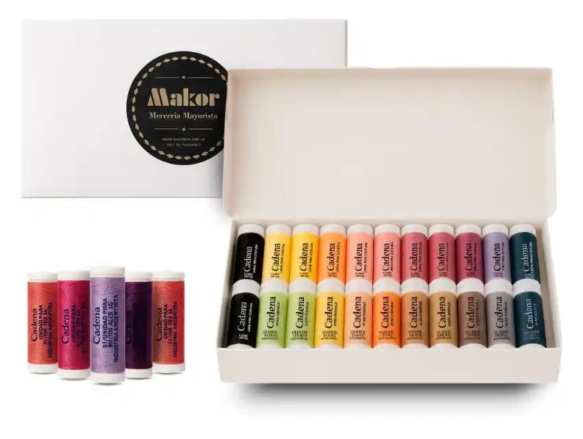 CAJA MAKOR DE HILOS DE COSER SURTIDOS - CADENA 100% ALGODON X 44 UN X 91,44MTS