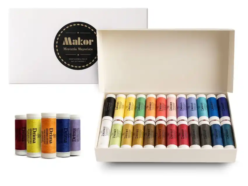 CAJA MAKOR DE HILOS DE COSER SURTIDOS - DRIMA 100% POLIESTER X 44 UN X 91,44MTS
