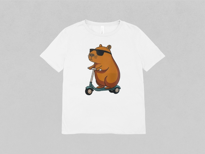 REMERA BLANCA ALGODON ESTAMPADA CAPIBARA MONOPATIN TALLE 4 AL 12
