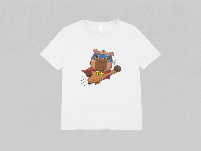 REMERA BLANCA ALGODON ESTAMPADA CAPIBARA SUPER HEROE TALLE 4 AL 12