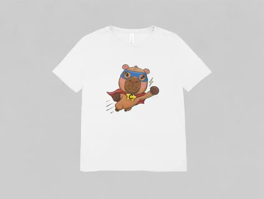  REMERA BLANCA ALGODON ESTAMPADA CAPIBARA SUPER HEROE TALLE 4 AL 12
