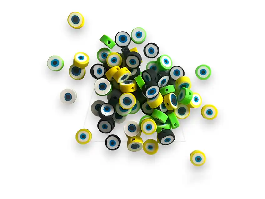 CUENTAS DE FIMO OJITOS COLORES SURTIDOS 10MM X 20GRS (50UN APROX)