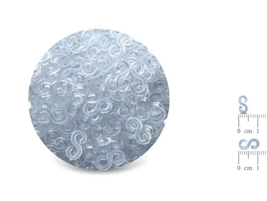 GANCHOS PLASTICOS TIPO S P/ PULSERAS X 5MM X 11MM X 6GRS APROX 100UN