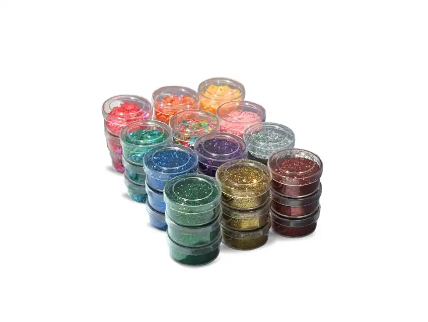 CAJA GIBRE Y MINI LENTEJUELAS X 36 TUBOS COLORES SURTIDOS 