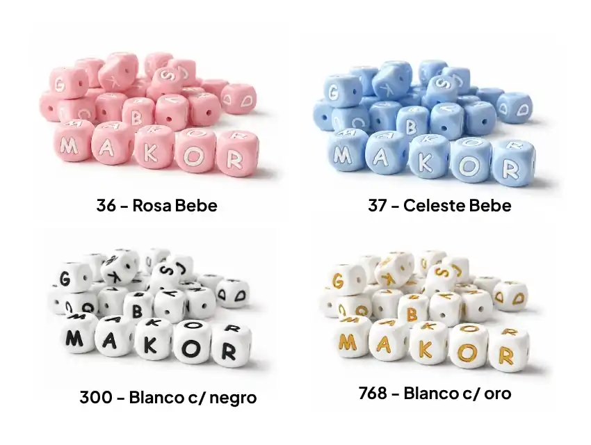 CUENTAS DE SILICONA CUBOS CON LETRAS X 12MM X 100UN