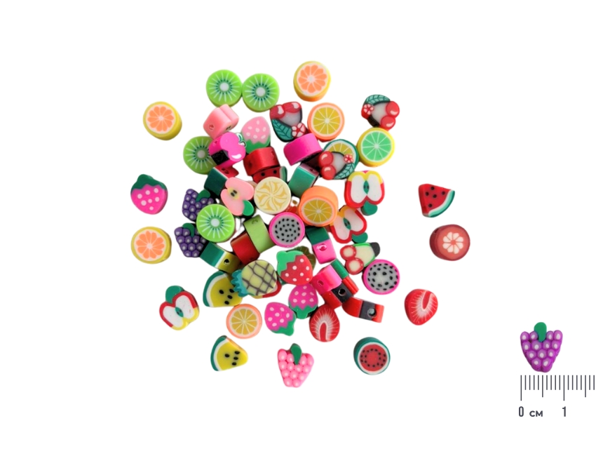 CUENTAS DE FIMO FRUTAS 1CM X 20GRS (52UN APROX)