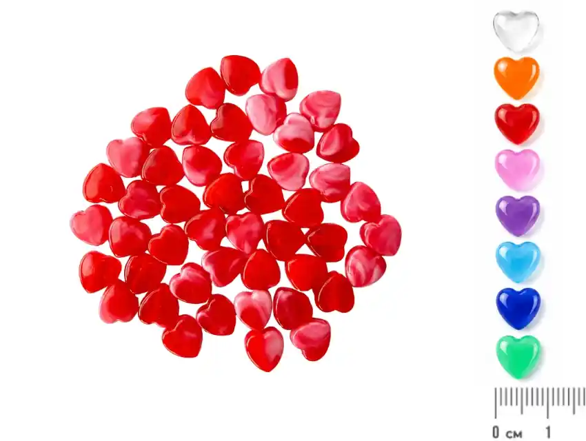 CUENTAS DE PLASTICO CORAZONES 10MM X 8MM X 125GRS (670 UN APROX)