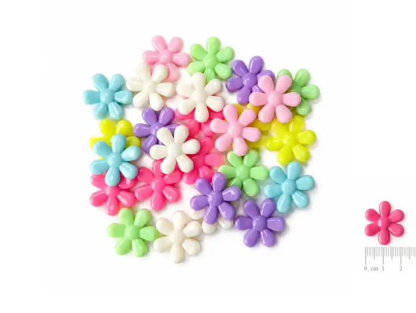 CUENTAS DE PLASTICO FLORES 23MM X 23MM X 125GRS (100UN APROX)