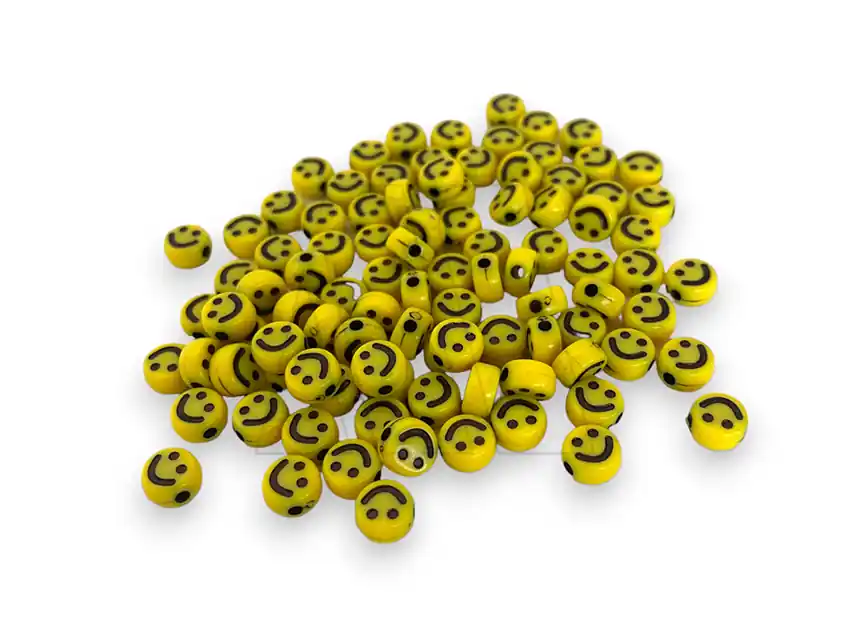 CUENTAS DE PLASTICO CARITA FELIZ AMARILLA 9MM X 125GRS