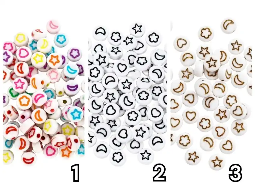 CUENTAS DE PLASTICO ESTRELLA/CORAZON/LUNA 7MM X 125GR