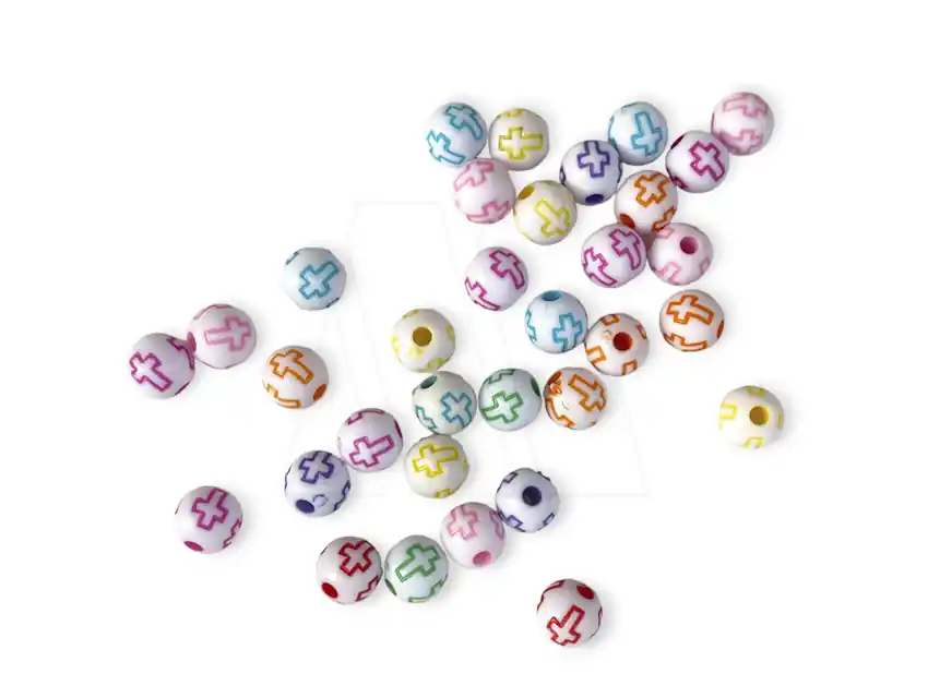 CUENTAS DE PLASTICO REDONDAS CON CRUCES 8MM X 125GRS 