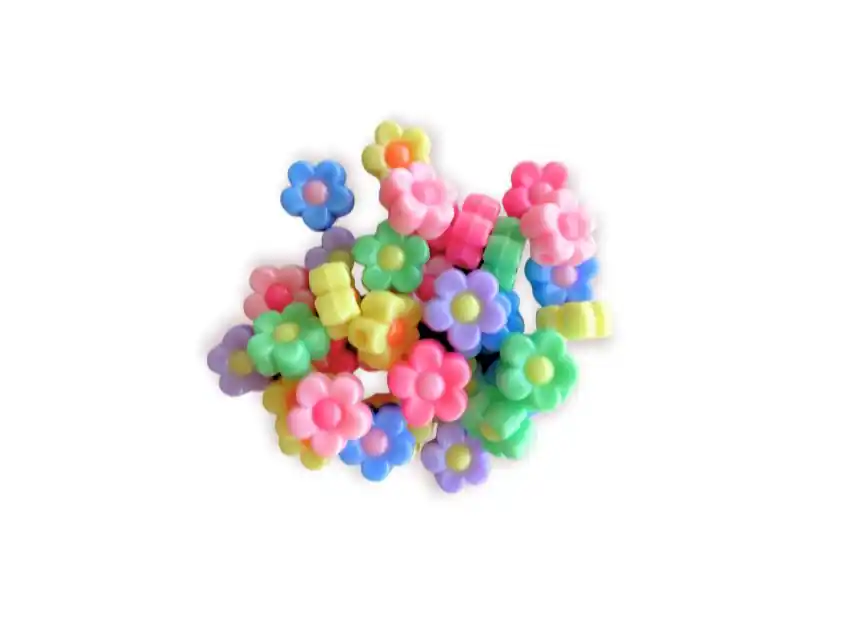 CUENTAS DE PLASTICO FLORES 11MM X 7MM X 125GRS (256 UN APROX)