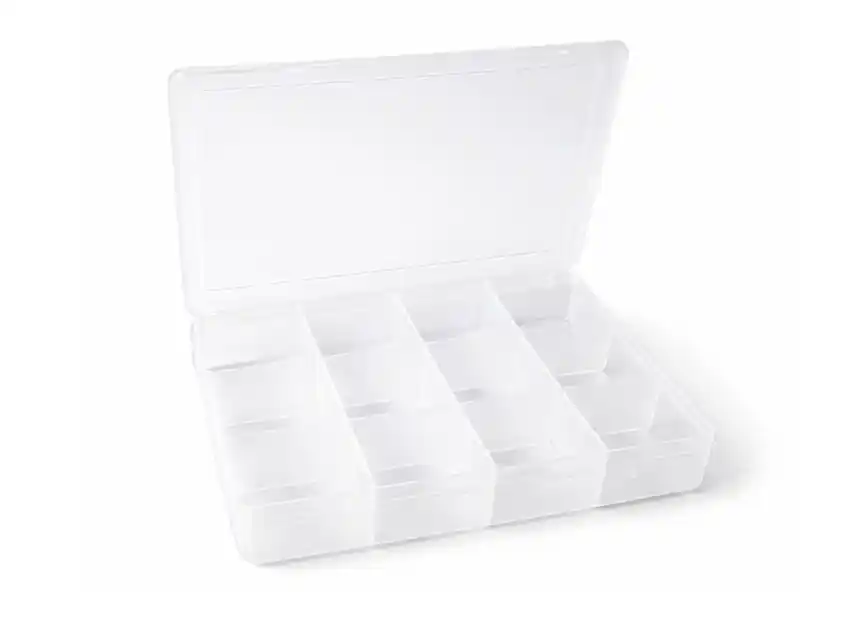 ESTUCHE PLASTICO CON 12 DIVISIONES P/MANUALIDADES 16CM X 11CM