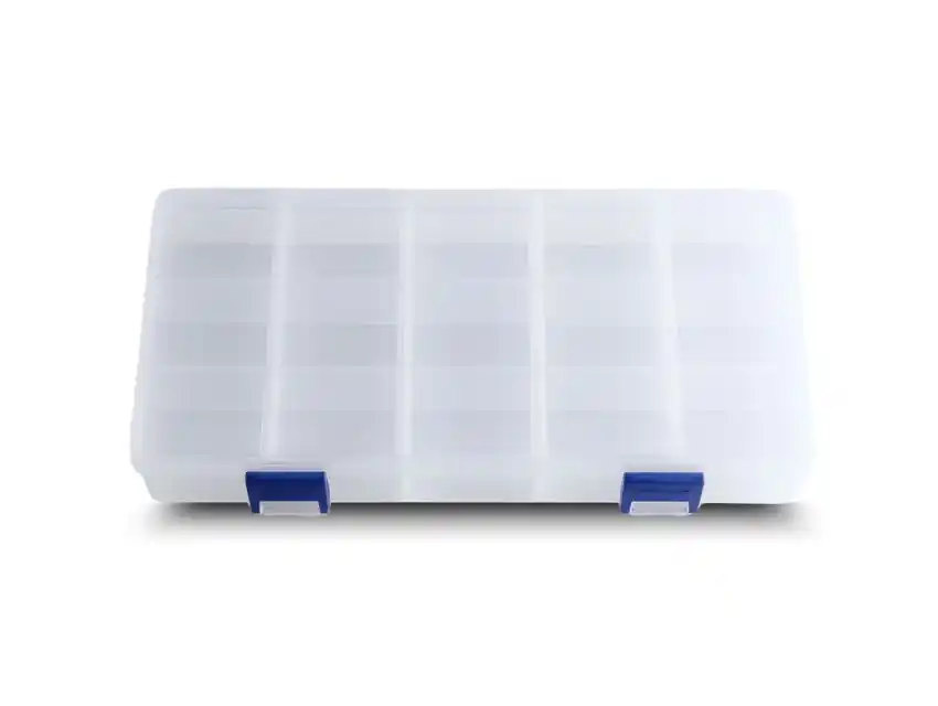 ESTUCHE PLASTICO RECTANGULAR CON 15 DIVISIONES P/MANUALIDADES 21,5CM X 11CM X 3CM