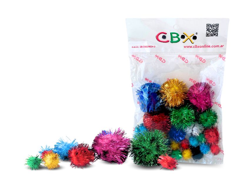  POMPON METALIZADO CBX P/MANUALIDADES TAMAÑOS Y COLORES SURTIDOS X 25UN