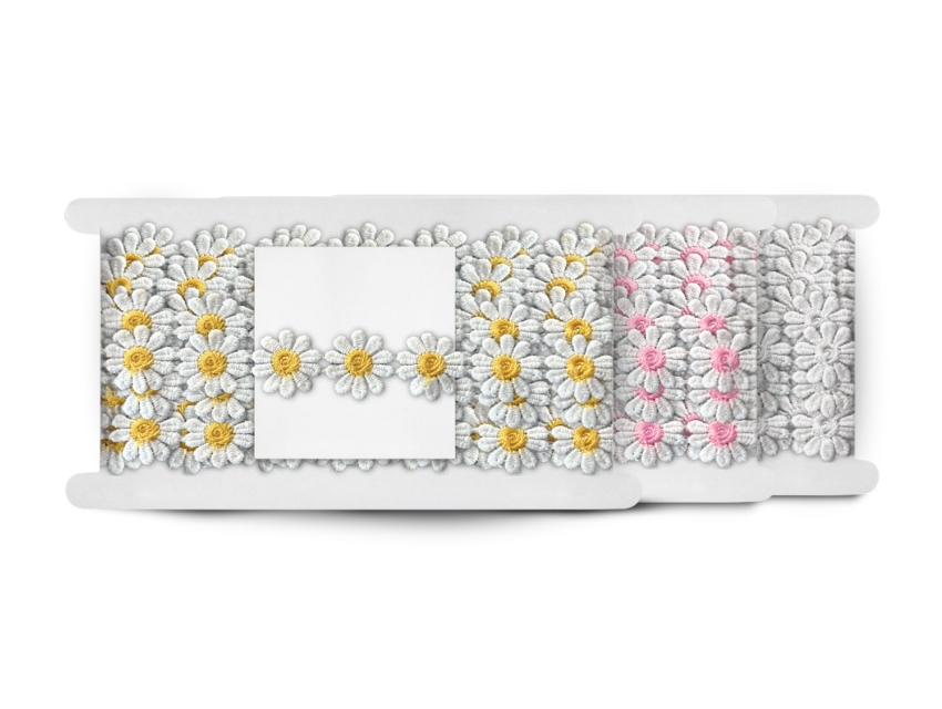 GUIPURE MARGARITA BLANCA CON CENTRO DE COLOR 25MM X 15YDS 